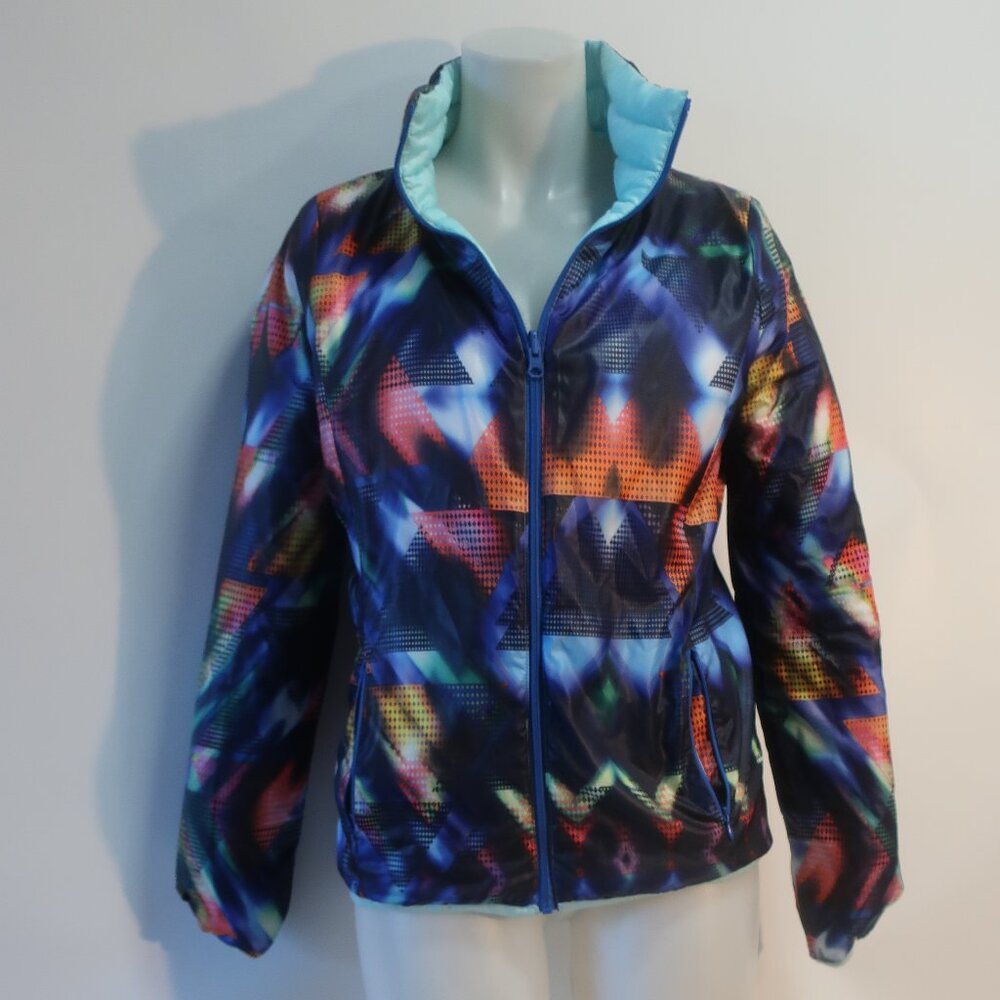Womens Dulon Aqua Multicolor (Item-16) Double-Sided Wearable Art Puffer Jacket S
